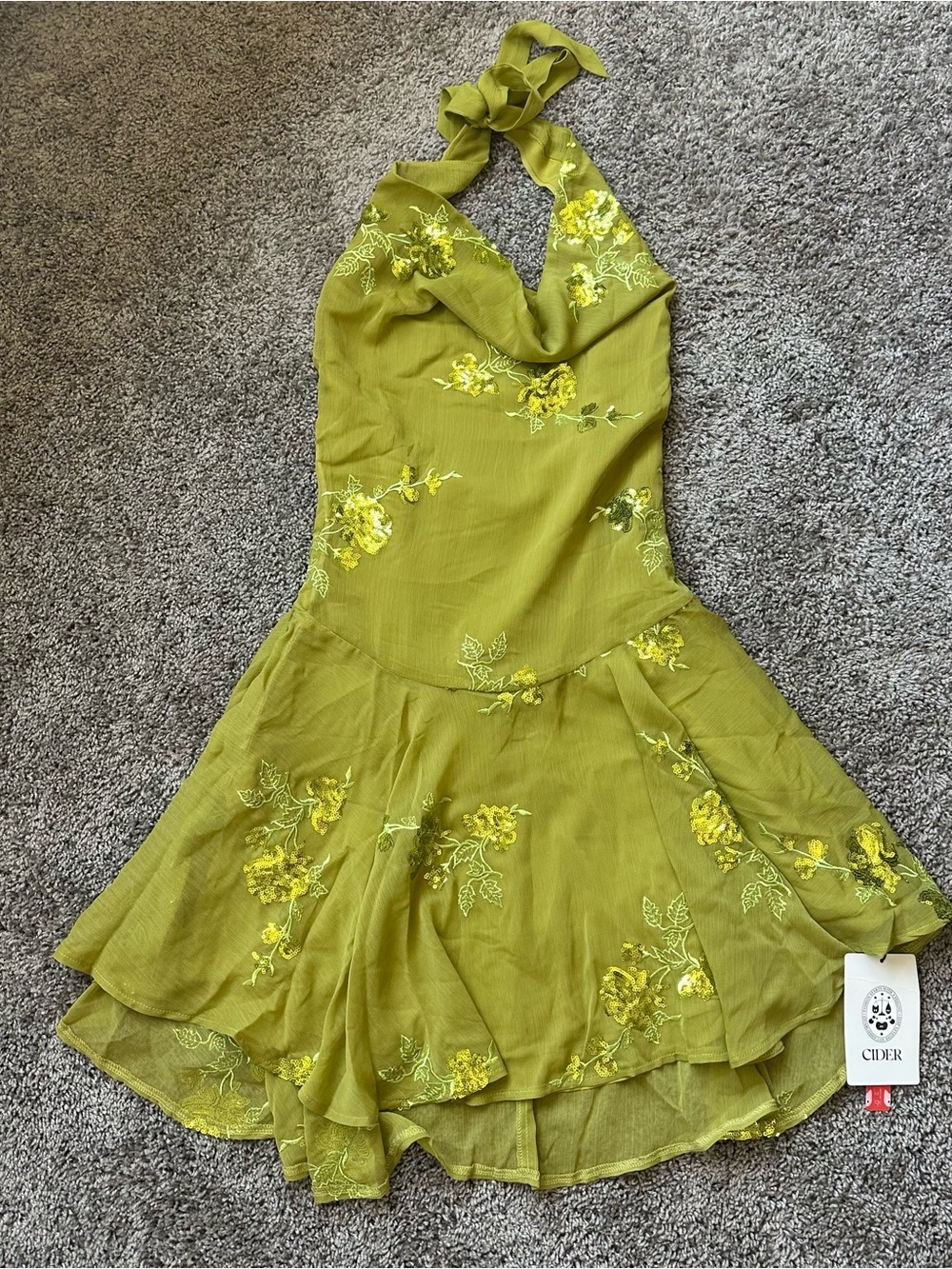 Cider Chartreuse Halter Floral Embroidered Mini Dress